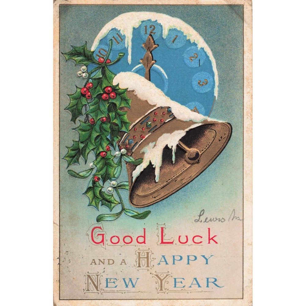 Vintage Happy New Year Postcard Embossed Bell Holly Clock 1912 Postmark Lewis M - Picture 1 of 2